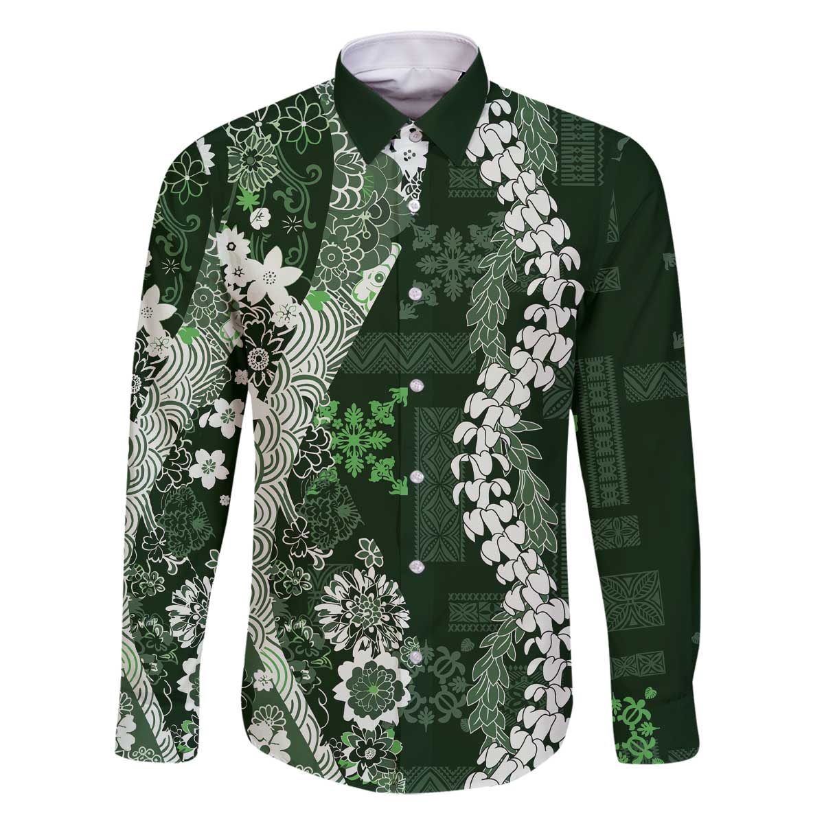 Hawaii Puakenikeni and Maile Lei Family Matching Off The Shoulder Long Sleeve Dress and Hawaiian Shirt Green Japanese Wave Style LT9 Dad's Shirt - Long Sleeve Green - Polynesian Pride