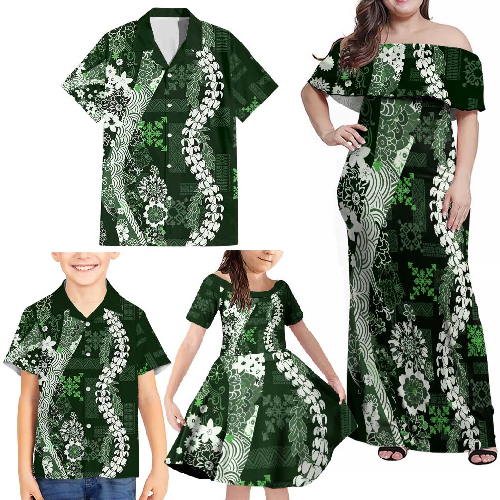 Hawaii Puakenikeni and Maile Lei Family Matching Off Shoulder Maxi Dress and Hawaiian Shirt Green Japanese Wave Style LT9 - Polynesian Pride