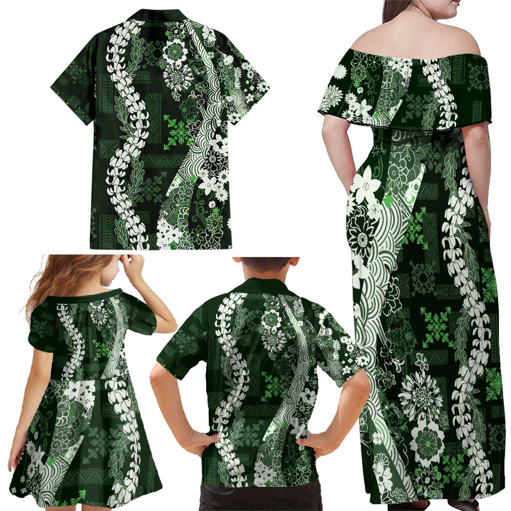 Hawaii Puakenikeni and Maile Lei Family Matching Off Shoulder Maxi Dress and Hawaiian Shirt Green Japanese Wave Style LT9 - Polynesian Pride
