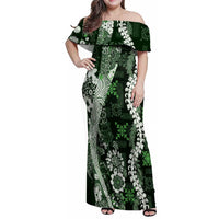 Hawaii Puakenikeni and Maile Lei Family Matching Off Shoulder Maxi Dress and Hawaiian Shirt Green Japanese Wave Style LT9 Mom's Dress Green - Polynesian Pride