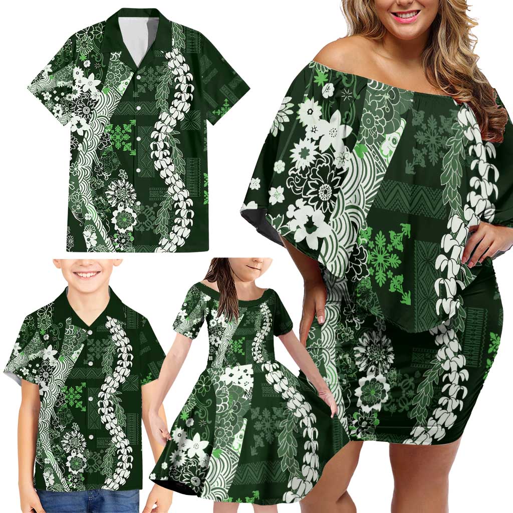 Hawaii Puakenikeni and Maile Lei Family Matching Off Shoulder Short Dress and Hawaiian Shirt Green Japanese Wave Style LT9 - Polynesian Pride