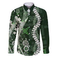 Hawaii Puakenikeni and Maile Lei Family Matching Off Shoulder Short Dress and Hawaiian Shirt Green Japanese Wave Style LT9 Dad's Shirt - Long Sleeve Green - Polynesian Pride