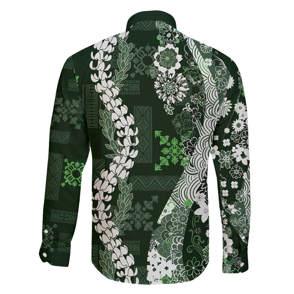 Hawaii Puakenikeni and Maile Lei Family Matching Off Shoulder Short Dress and Hawaiian Shirt Green Japanese Wave Style LT9 - Polynesian Pride