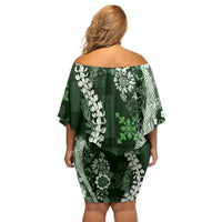 Hawaii Puakenikeni and Maile Lei Family Matching Off Shoulder Short Dress and Hawaiian Shirt Green Japanese Wave Style LT9 - Polynesian Pride
