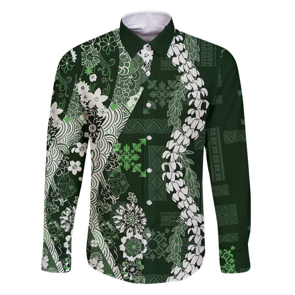 Hawaii Puakenikeni and Maile Lei Family Matching Puletasi and Hawaiian Shirt Green Japanese Wave Style LT9 Dad's Shirt - Long Sleeve Green - Polynesian Pride