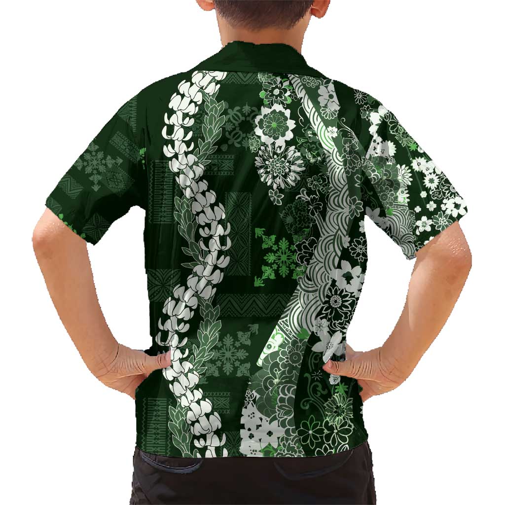 Hawaii Puakenikeni and Maile Lei Family Matching Short Sleeve Bodycon Dress and Hawaiian Shirt Green Japanese Wave Style LT9 - Polynesian Pride