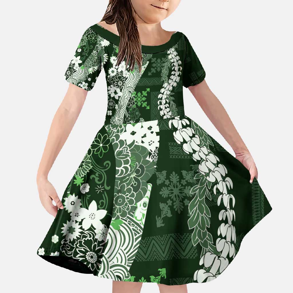 Hawaii Puakenikeni and Maile Lei Family Matching Short Sleeve Bodycon Dress and Hawaiian Shirt Green Japanese Wave Style LT9 Daughter's Dress Green - Polynesian Pride