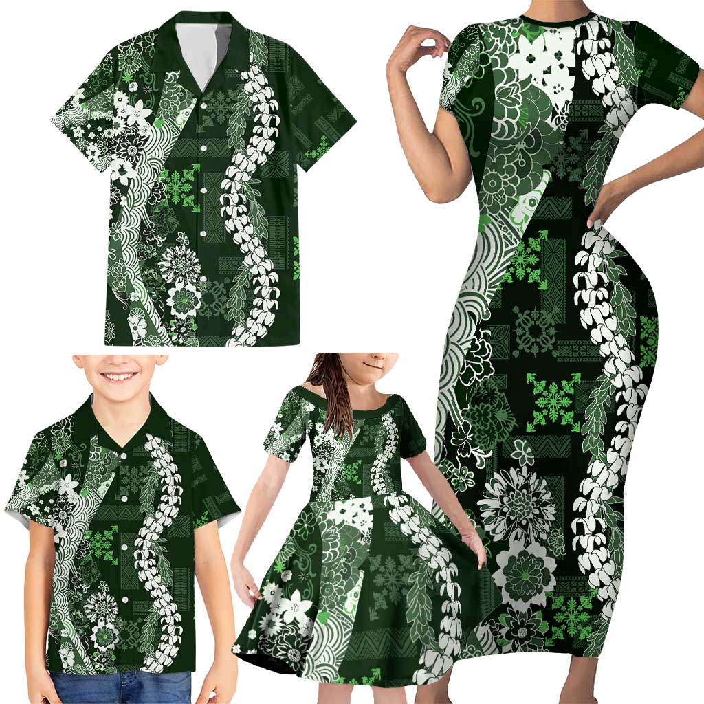 Hawaii Puakenikeni and Maile Lei Family Matching Short Sleeve Bodycon Dress and Hawaiian Shirt Green Japanese Wave Style LT9 - Polynesian Pride