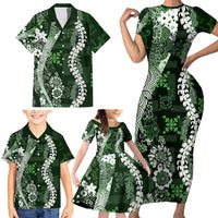 Hawaii Puakenikeni and Maile Lei Family Matching Short Sleeve Bodycon Dress and Hawaiian Shirt Green Japanese Wave Style LT9 - Polynesian Pride