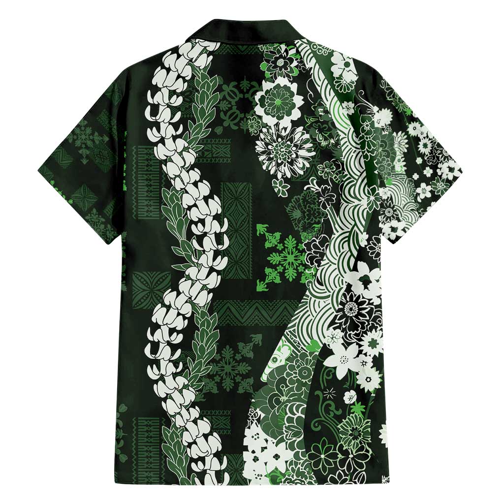 Hawaii Puakenikeni and Maile Lei Family Matching Short Sleeve Bodycon Dress and Hawaiian Shirt Green Japanese Wave Style LT9 - Polynesian Pride