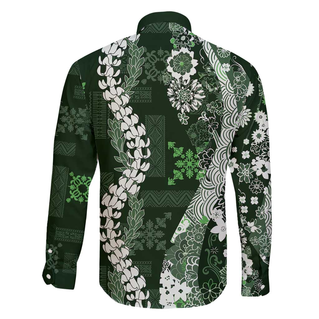 Hawaii Puakenikeni and Maile Lei Family Matching Short Sleeve Bodycon Dress and Hawaiian Shirt Green Japanese Wave Style LT9 - Polynesian Pride