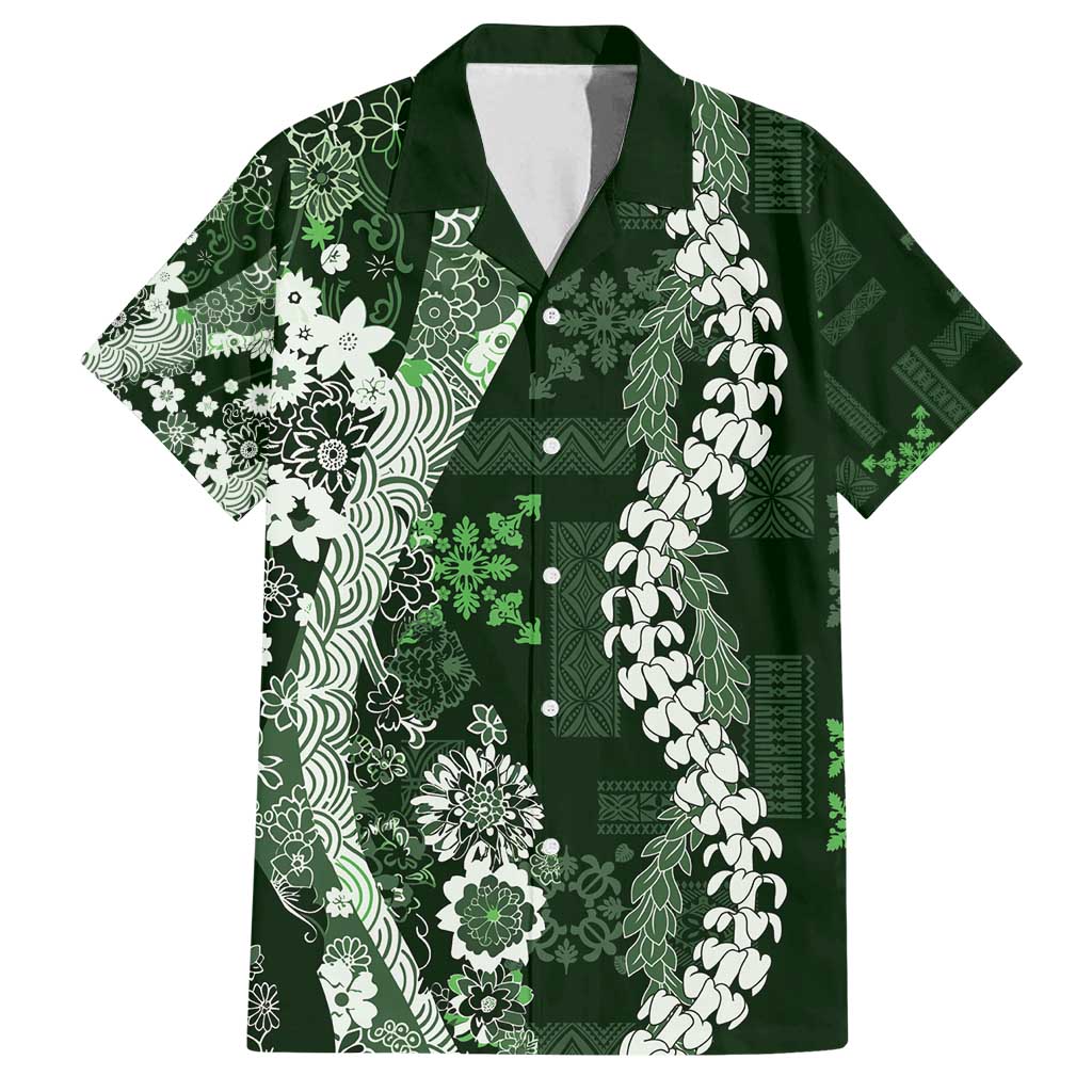 Hawaii Puakenikeni and Maile Lei Family Matching Summer Maxi Dress and Hawaiian Shirt Green Japanese Wave Style LT9 Dad's Shirt - Short Sleeve Green - Polynesian Pride