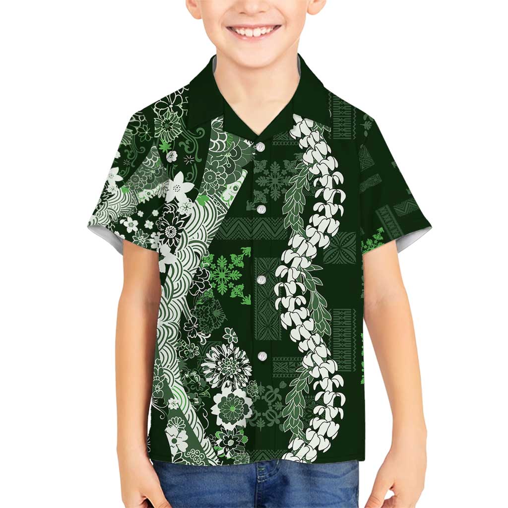 Hawaii Puakenikeni and Maile Lei Family Matching Summer Maxi Dress and Hawaiian Shirt Green Japanese Wave Style LT9 Son's Shirt Green - Polynesian Pride