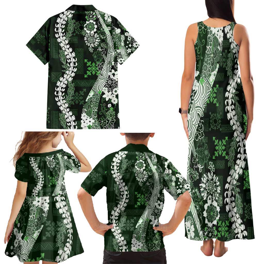 Hawaii Puakenikeni and Maile Lei Family Matching Tank Maxi Dress and Hawaiian Shirt Green Japanese Wave Style LT9 - Polynesian Pride