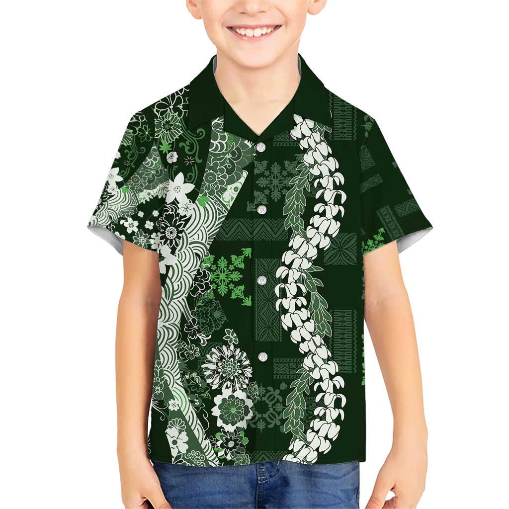 Hawaii Puakenikeni and Maile Lei Hawaiian Shirt Green Japanese Wave Style - Polynesian Pride