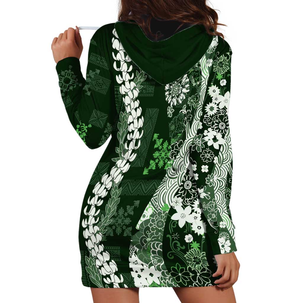 Hawaii Puakenikeni and Maile Lei Hoodie Dress Green Japanese Wave Style LT9 - Polynesian Pride