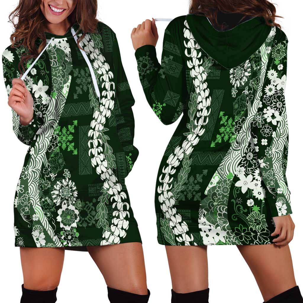 Hawaii Puakenikeni and Maile Lei Hoodie Dress Green Japanese Wave Style LT9 - Polynesian Pride