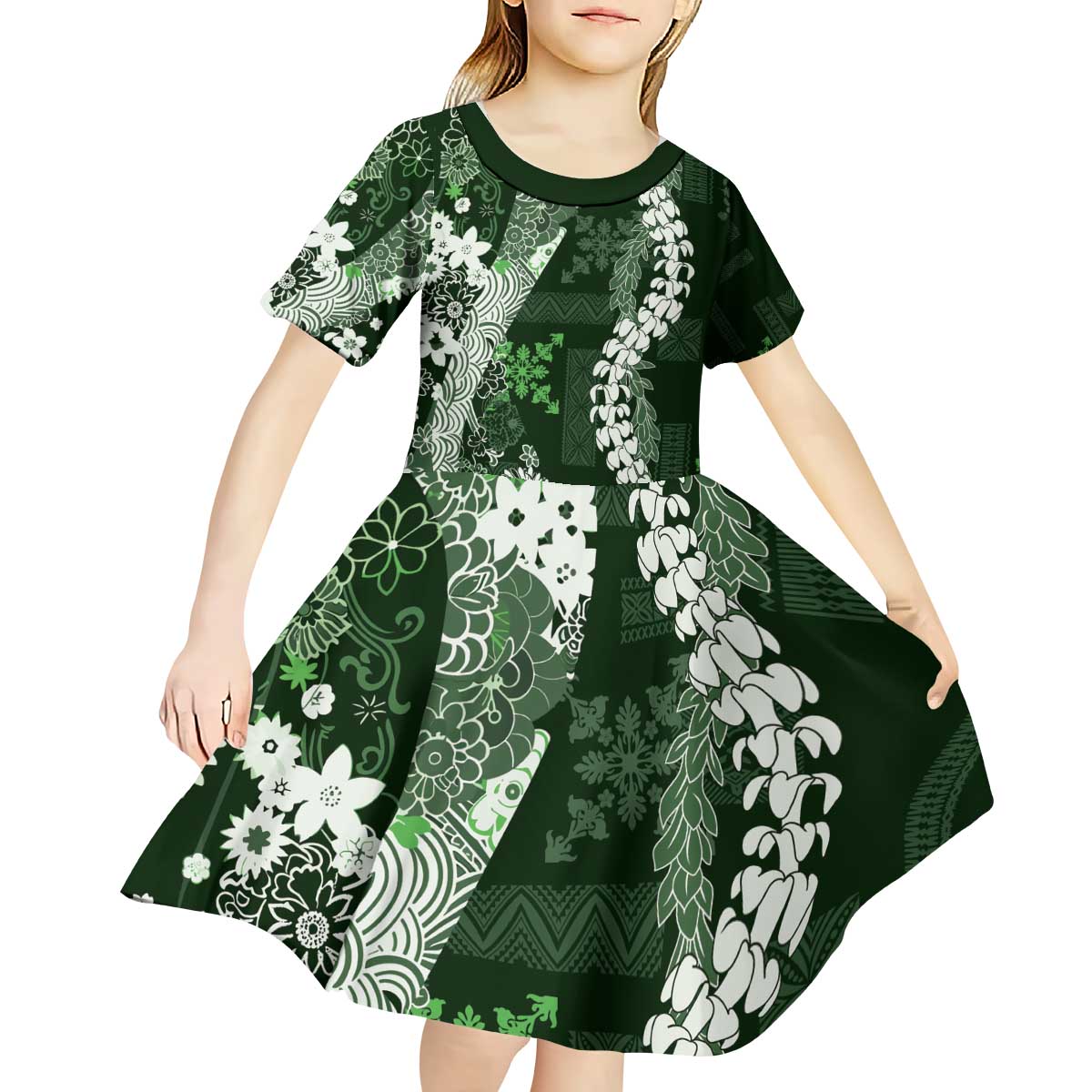 Hawaii Puakenikeni and Maile Lei Kid Short Sleeve Dress Green Japanese Wave Style LT9 - Polynesian Pride