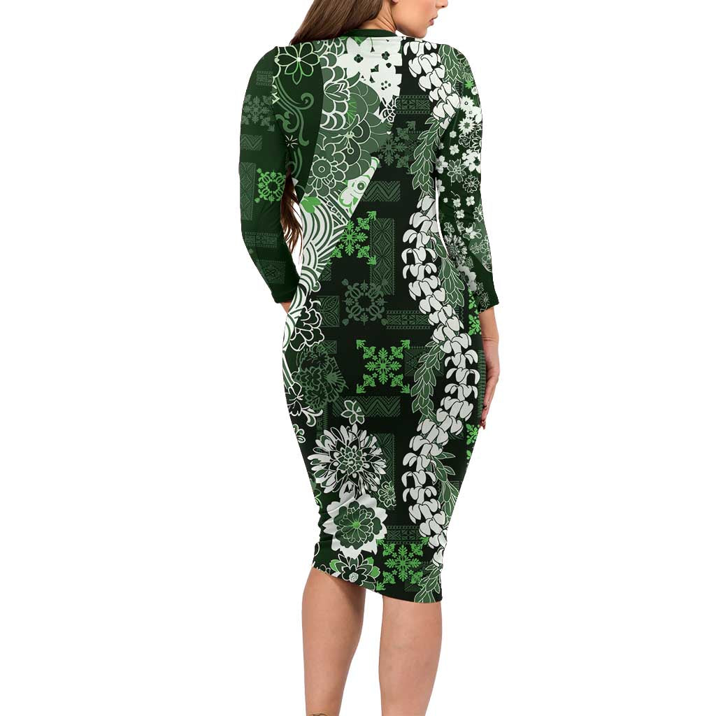 Hawaii Puakenikeni and Maile Lei Long Sleeve Bodycon Dress Green Japanese Wave Style LT9 - Polynesian Pride