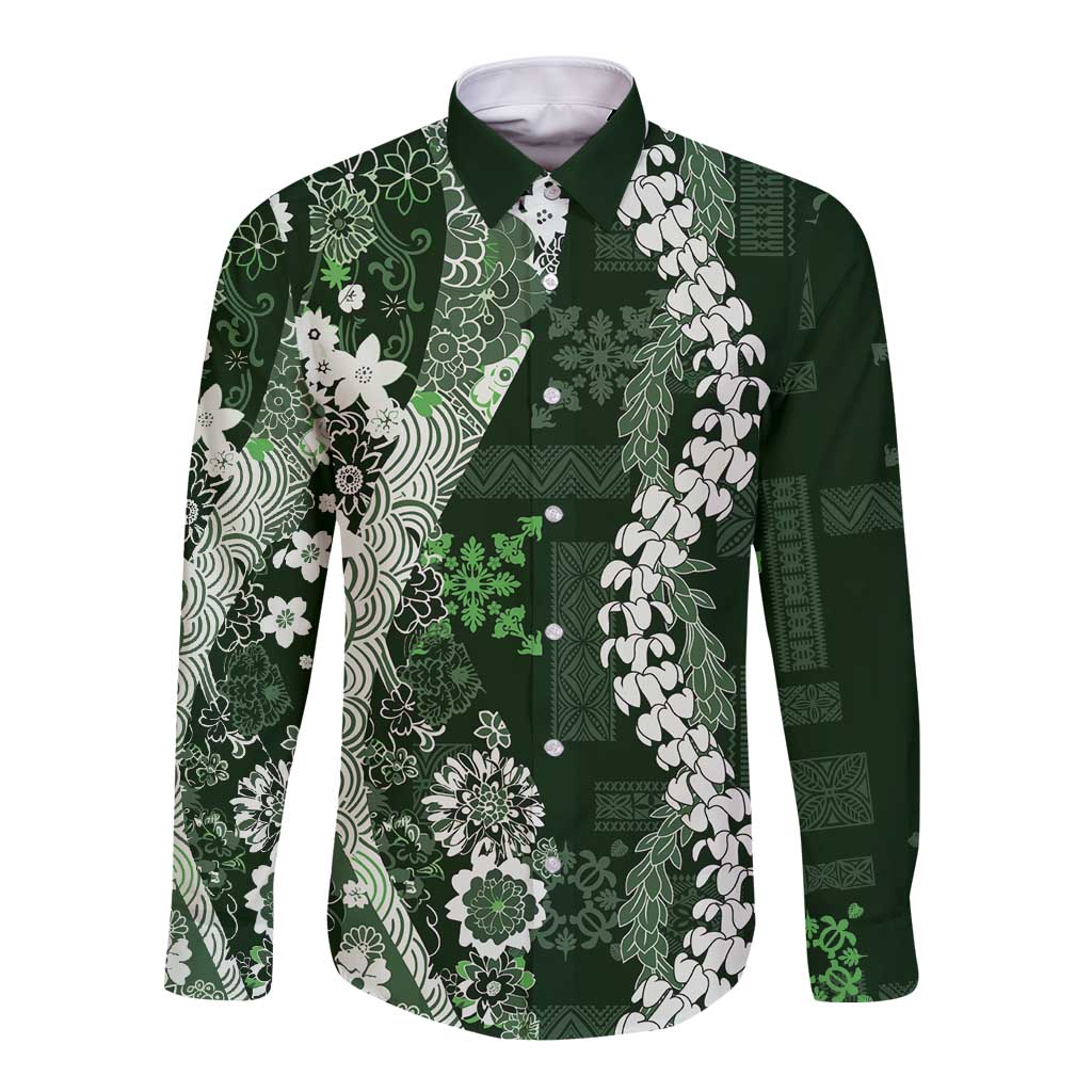 Hawaii Puakenikeni and Maile Lei Long Sleeve Button Shirt Green Japanese Wave Style LT9 Unisex Green - Polynesian Pride