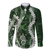 Hawaii Puakenikeni and Maile Lei Long Sleeve Button Shirt Green Japanese Wave Style LT9 Unisex Green - Polynesian Pride