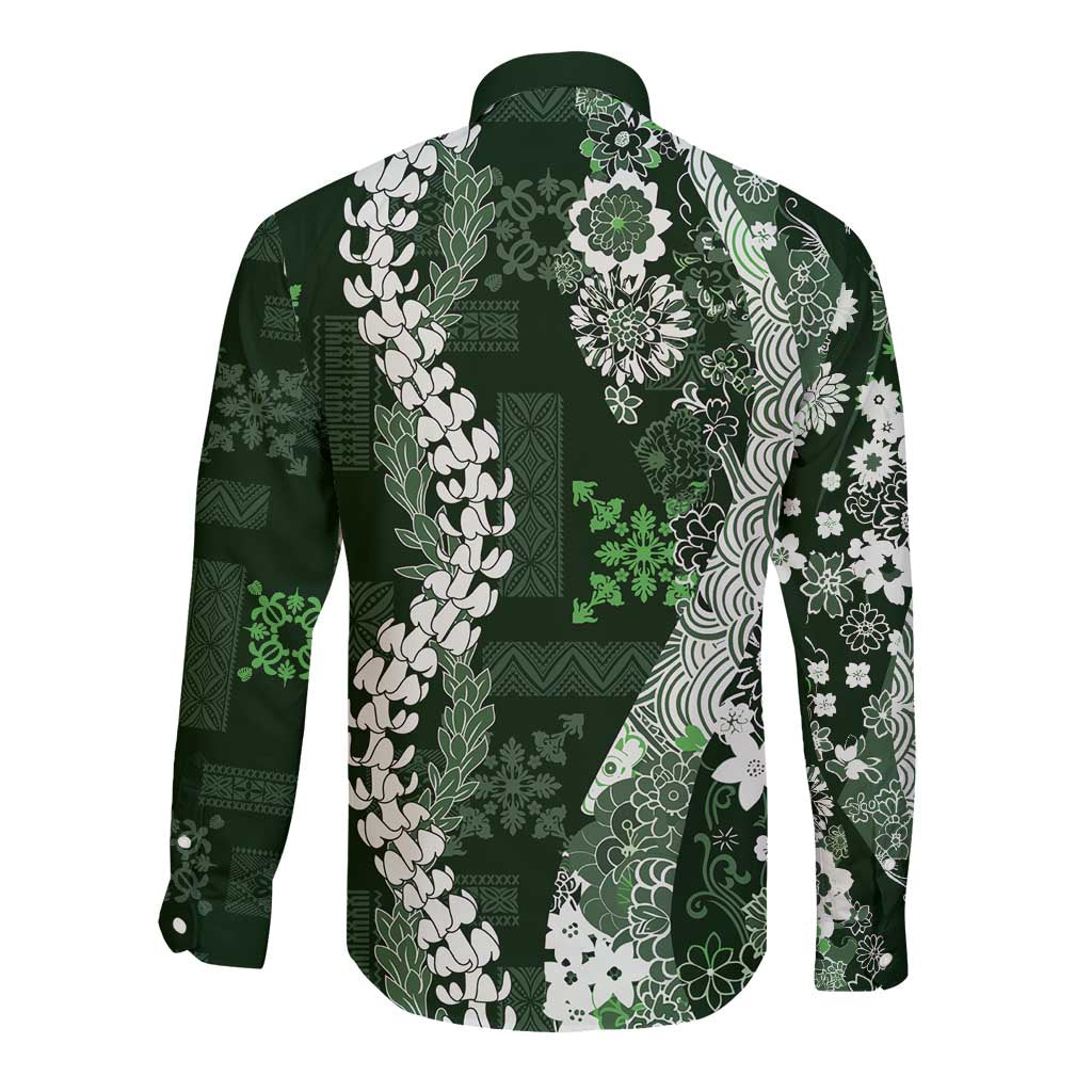 Hawaii Puakenikeni and Maile Lei Long Sleeve Button Shirt Green Japanese Wave Style LT9 - Polynesian Pride