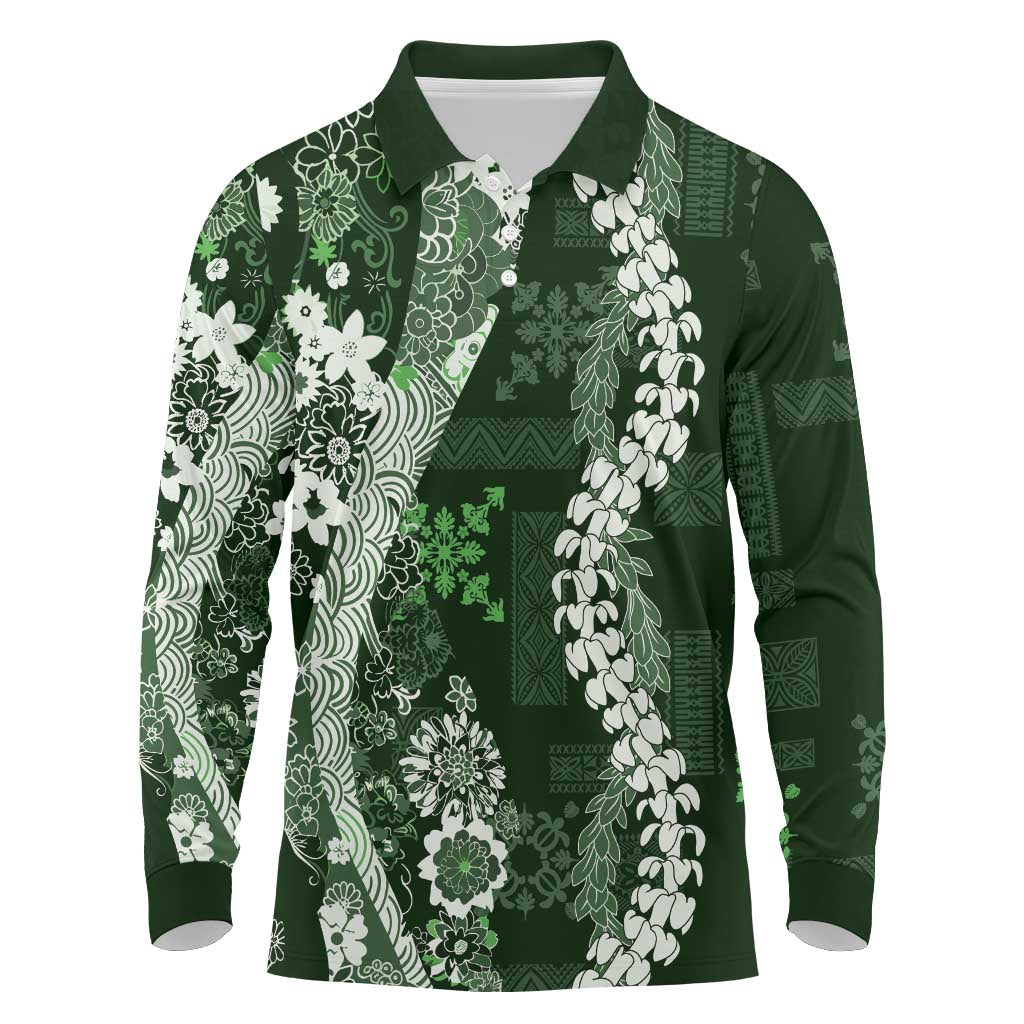 Hawaii Puakenikeni and Maile Lei Long Sleeve Polo Shirt Green Japanese Wave Style LT9 Green - Polynesian Pride