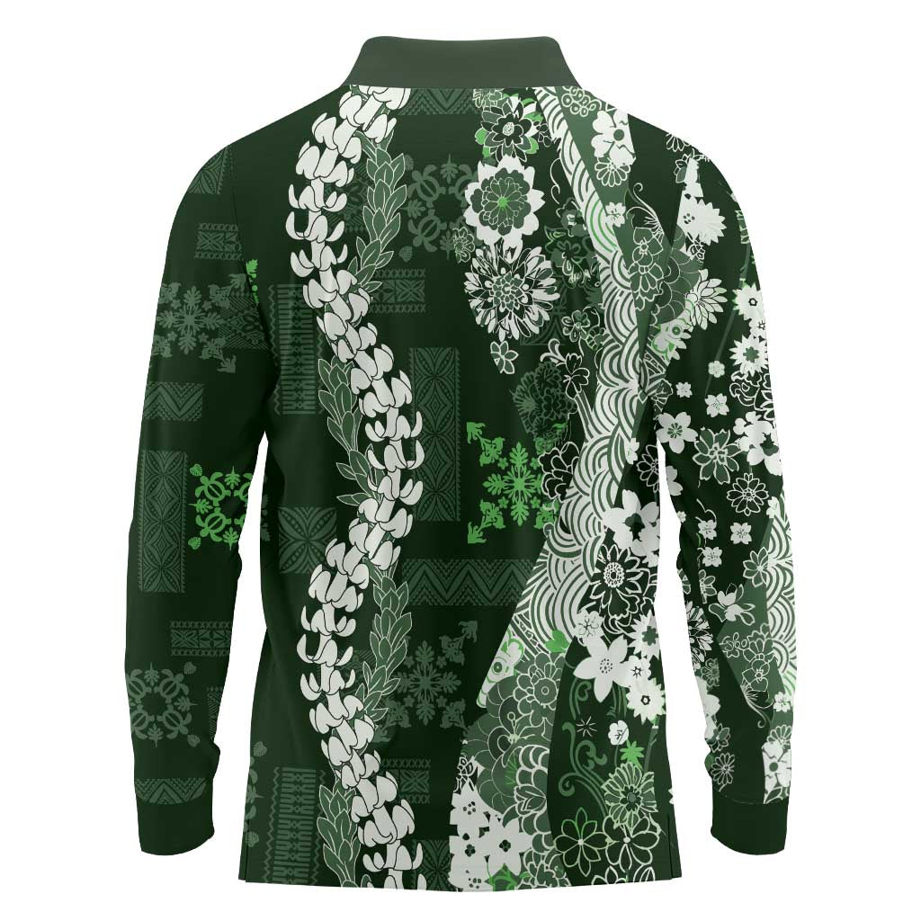Hawaii Puakenikeni and Maile Lei Long Sleeve Polo Shirt Green Japanese Wave Style LT9 - Polynesian Pride