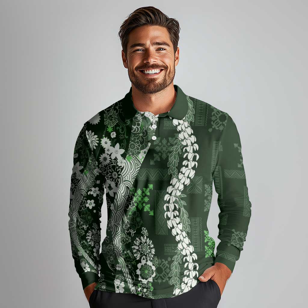 Hawaii Puakenikeni and Maile Lei Long Sleeve Polo Shirt Green Japanese Wave Style LT9 - Polynesian Pride