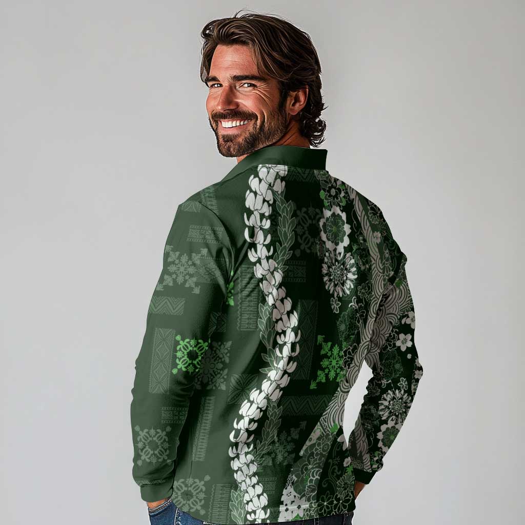 Hawaii Puakenikeni and Maile Lei Long Sleeve Polo Shirt Green Japanese Wave Style LT9 - Polynesian Pride