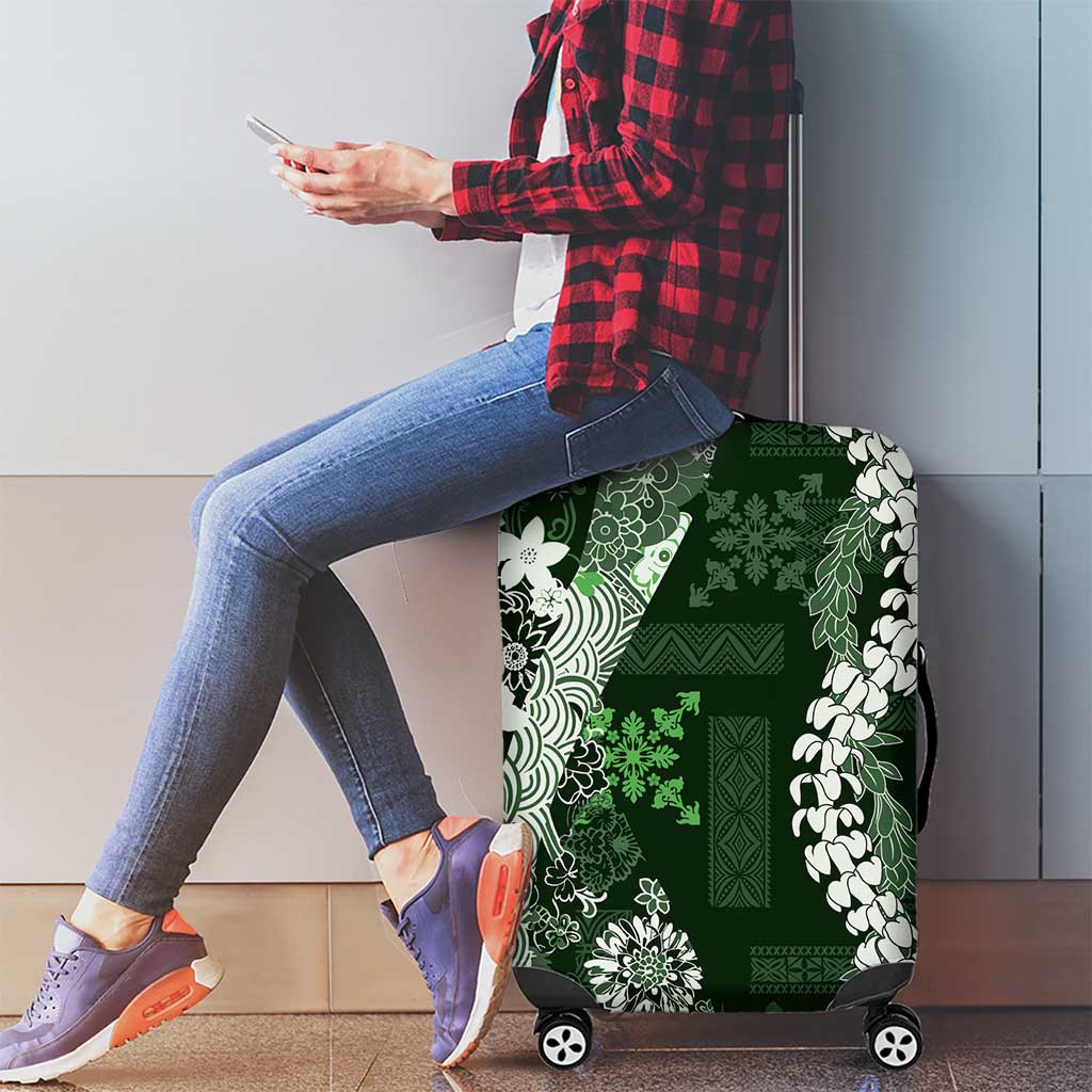Hawaii Puakenikeni and Maile Lei Luggage Cover Green Japanese Wave Style - Polynesian Pride