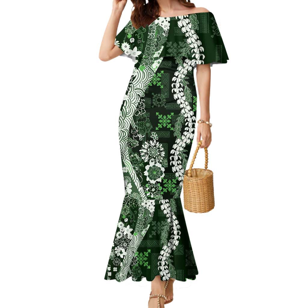 Hawaii Puakenikeni and Maile Lei Mermaid Dress Green Japanese Wave Style LT9 Women Green - Polynesian Pride