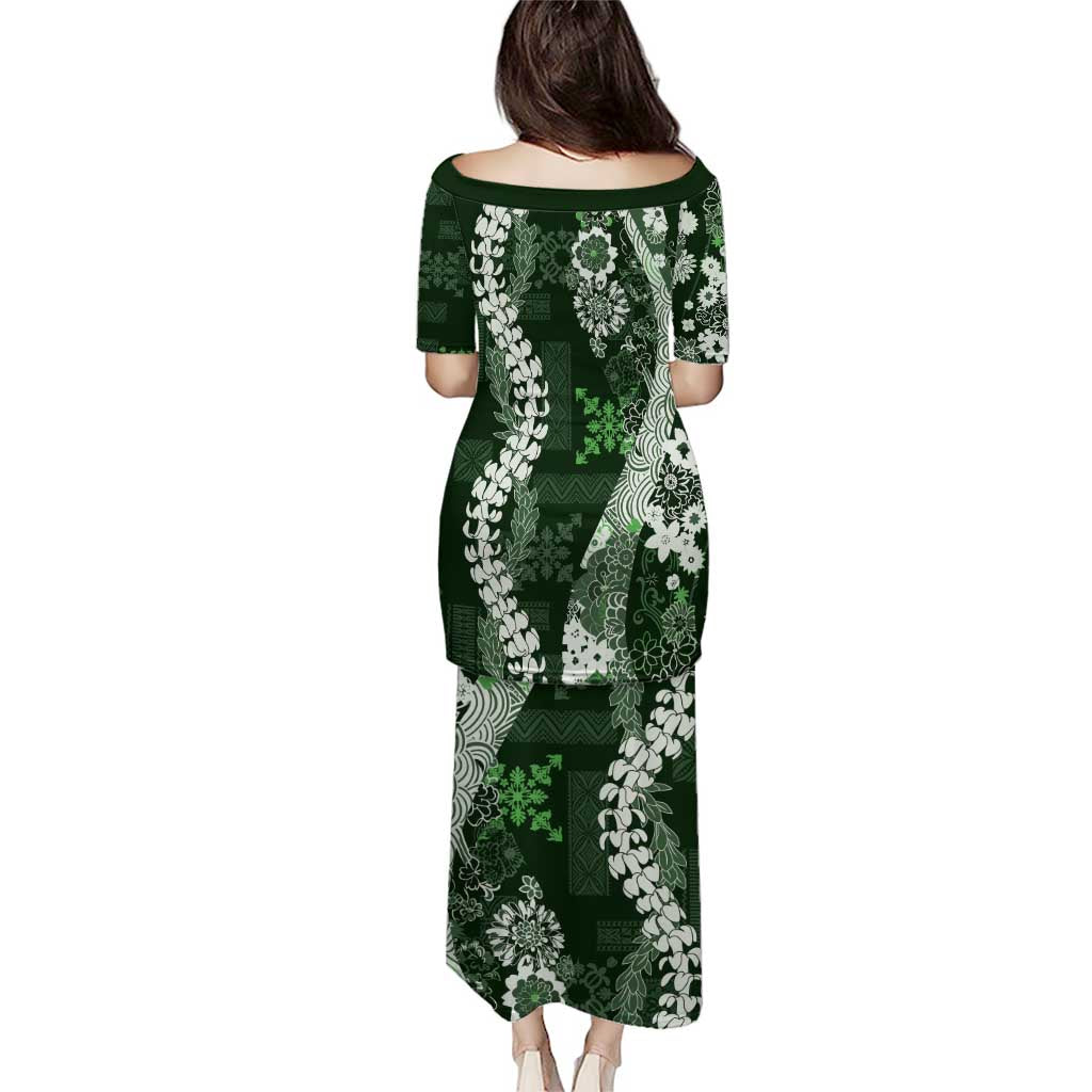 Hawaii Puakenikeni and Maile Lei Puletasi Green Japanese Wave Style - Polynesian Pride