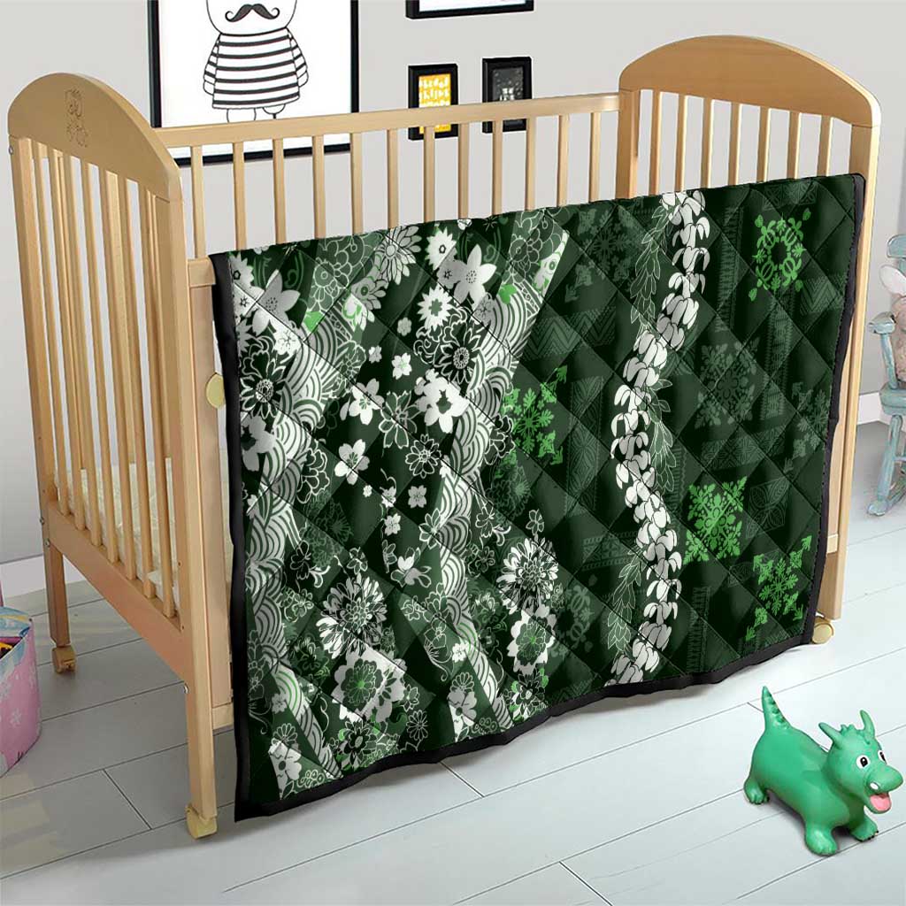 Hawaii Puakenikeni and Maile Lei Quilt Green Japanese Wave Style - Polynesian Pride