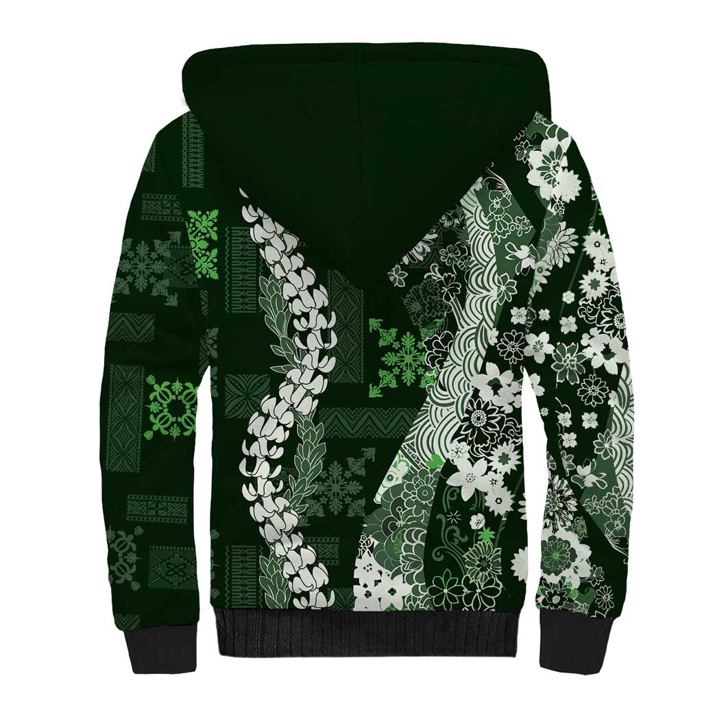 Hawaii Puakenikeni and Maile Lei Sherpa Hoodie Green Japanese Wave Style LT9 - Polynesian Pride
