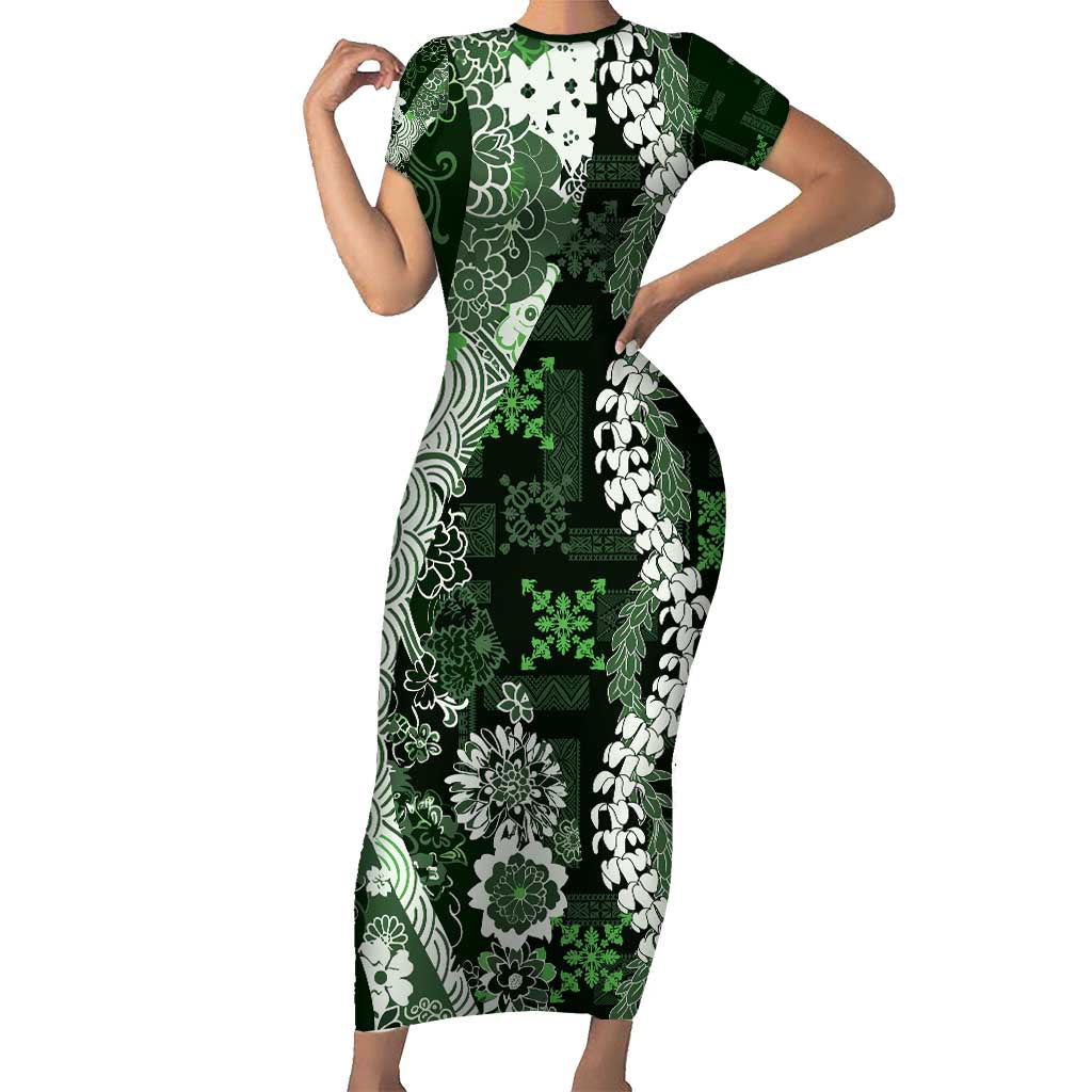 Hawaii Puakenikeni and Maile Lei Short Sleeve Bodycon Dress Green Japanese Wave Style LT9 Long Dress Green - Polynesian Pride