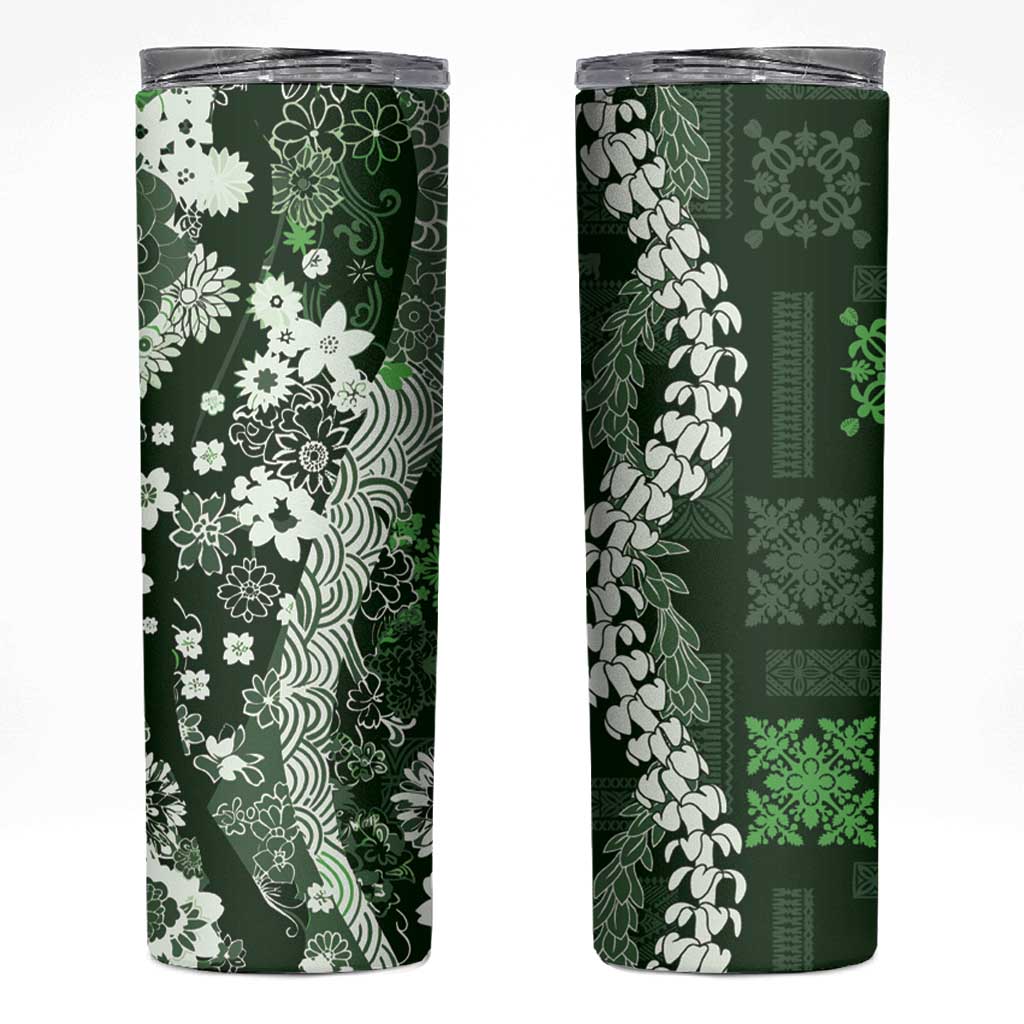 Hawaii Puakenikeni and Maile Lei Skinny Tumbler Green Japanese Wave Style LT9 Green - Polynesian Pride