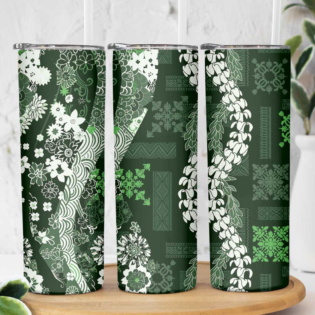 Hawaii Puakenikeni and Maile Lei Skinny Tumbler Green Japanese Wave Style LT9 - Polynesian Pride