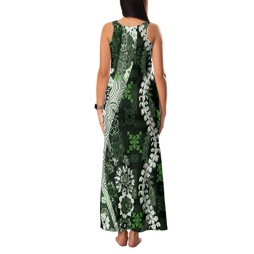 Hawaii Puakenikeni and Maile Lei Tank Maxi Dress Green Japanese Wave Style LT9 - Polynesian Pride