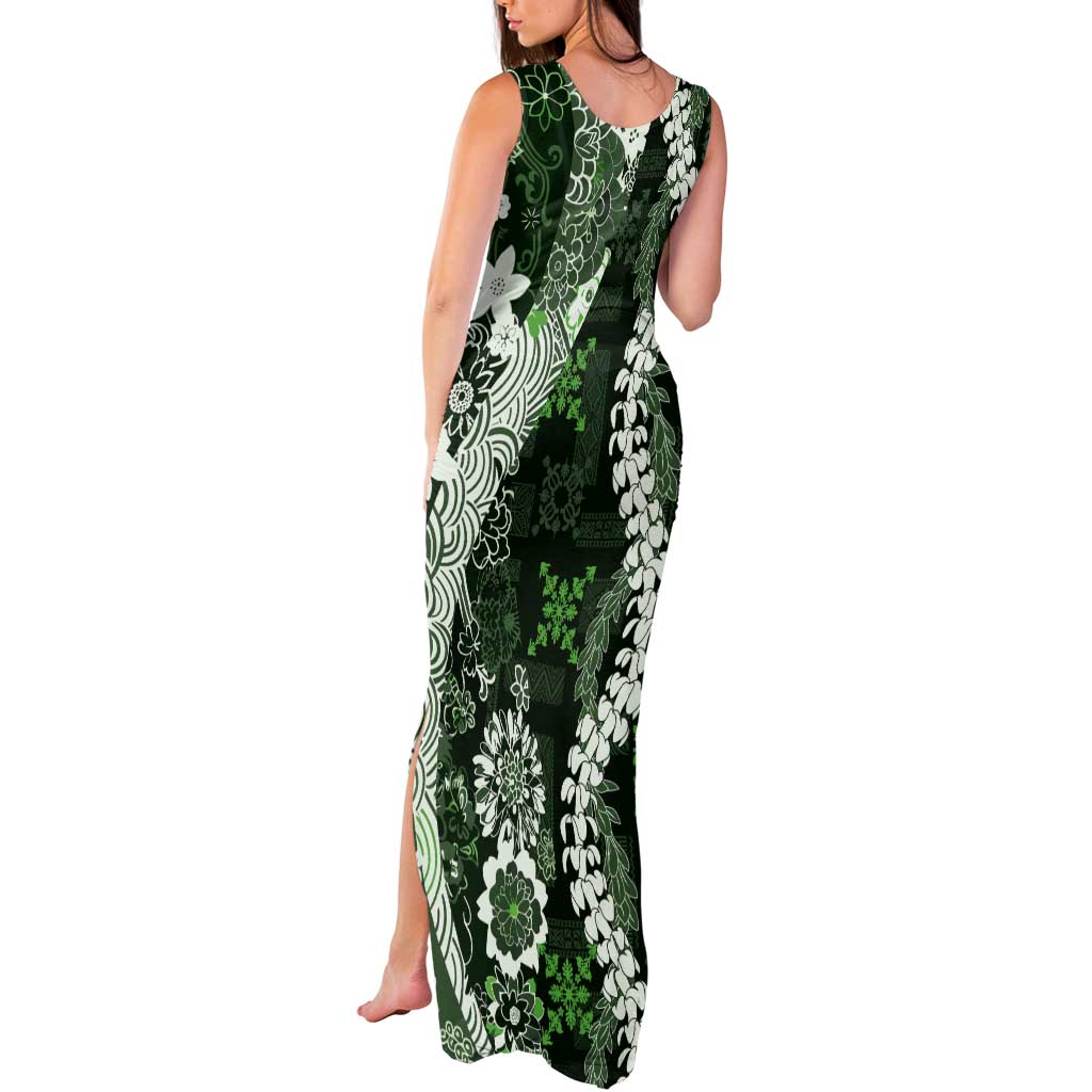 Hawaii Puakenikeni and Maile Lei Tank Maxi Dress Green Japanese Wave Style LT9 - Polynesian Pride