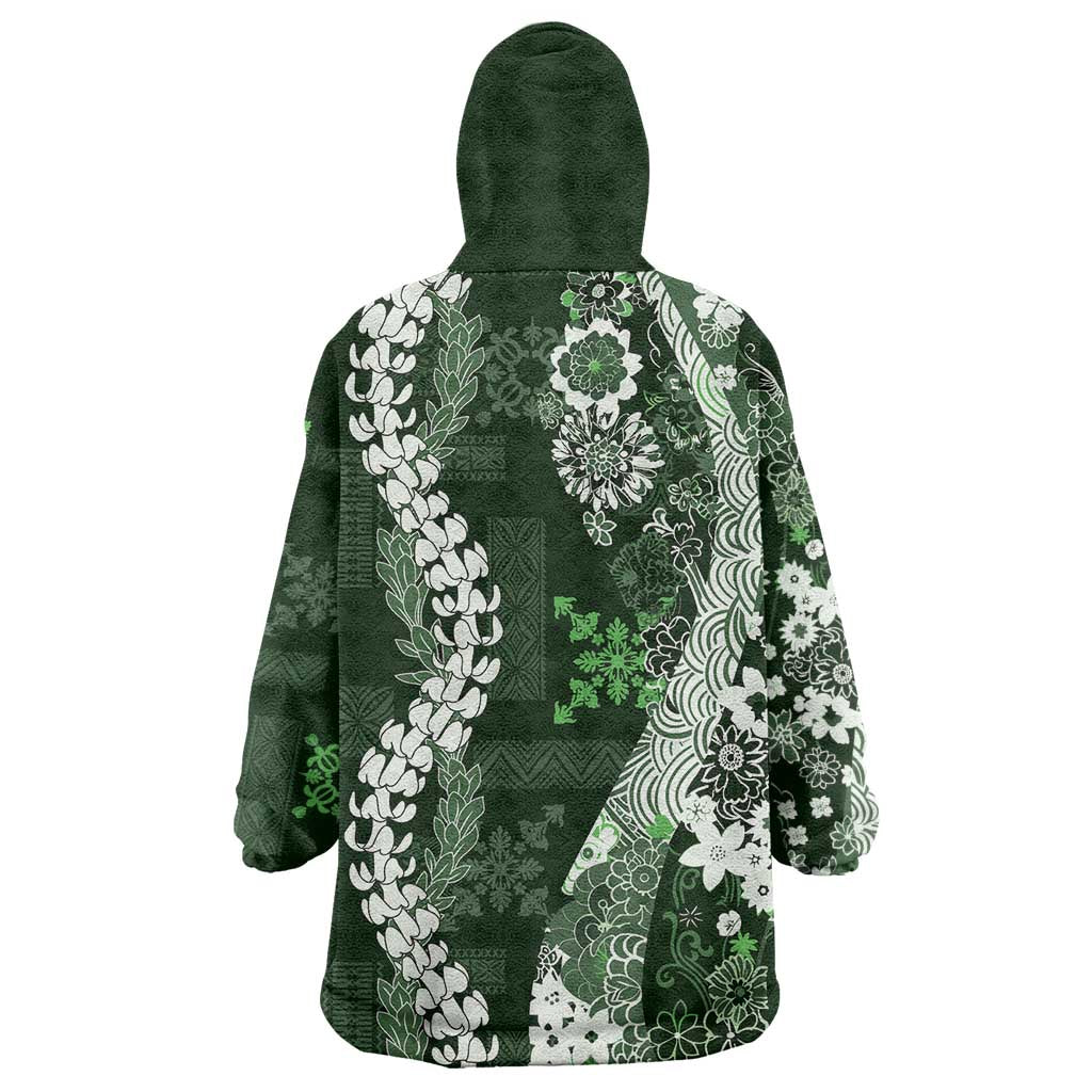 Hawaii Puakenikeni and Maile Lei Wearable Blanket Hoodie Green Japanese Wave Style LT9 - Polynesian Pride