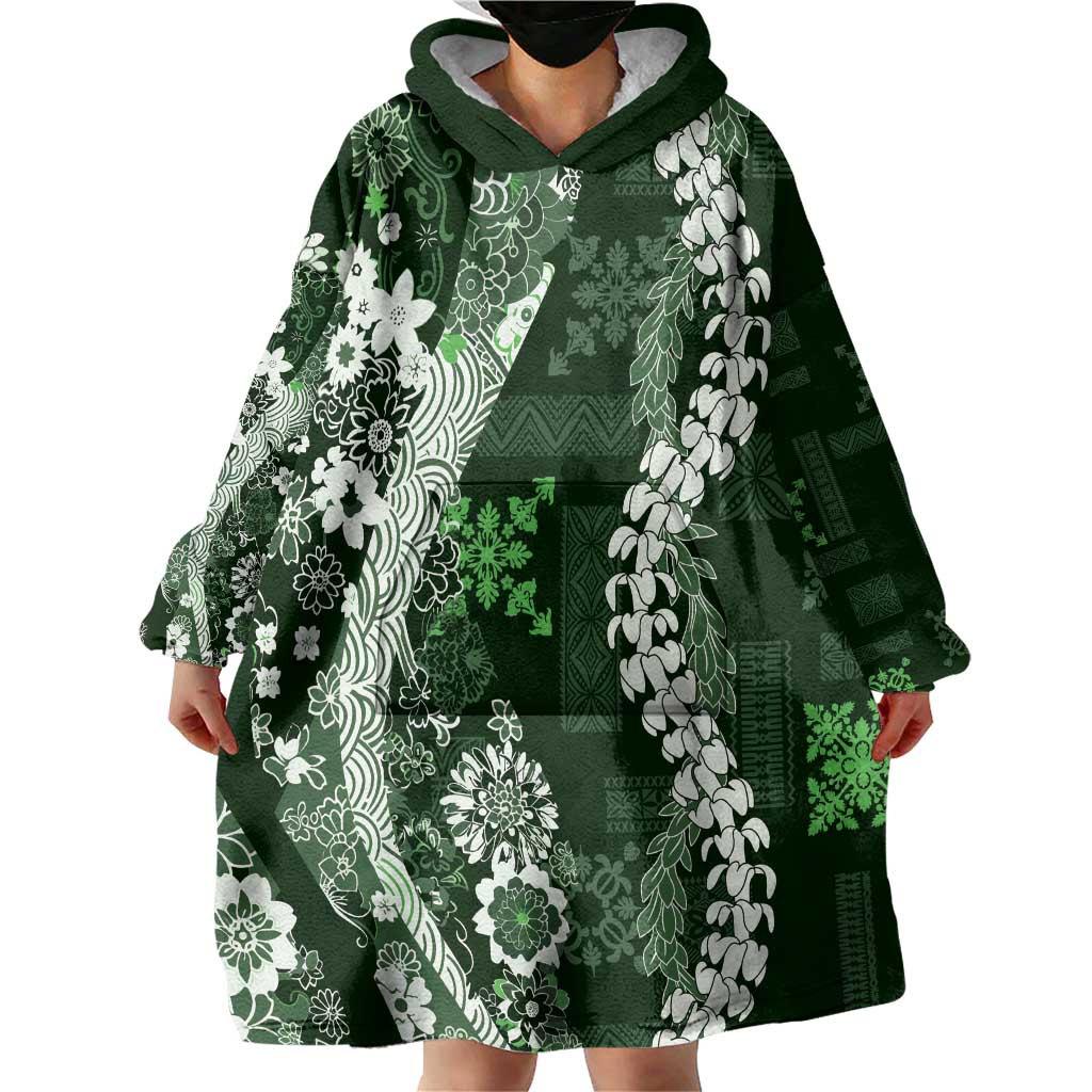Hawaii Puakenikeni and Maile Lei Wearable Blanket Hoodie Green Japanese Wave Style LT9 - Polynesian Pride