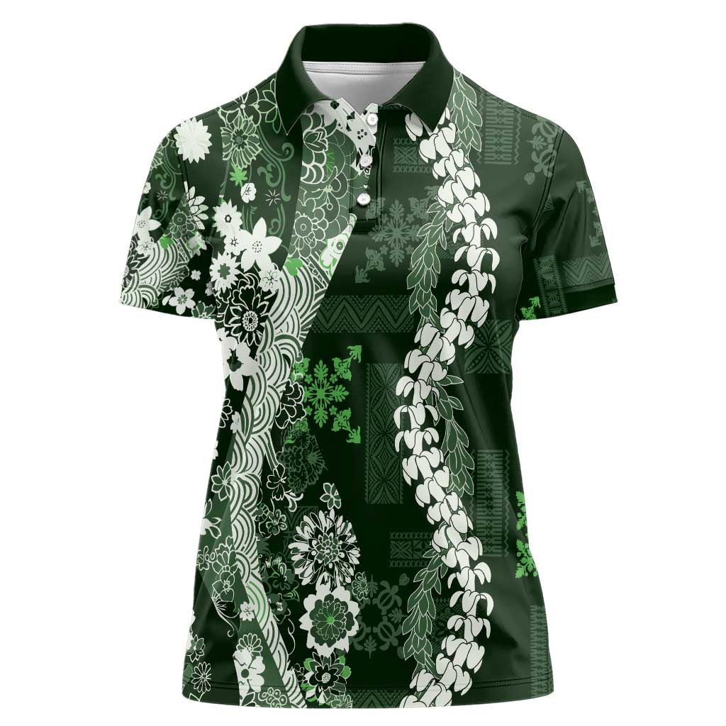 Hawaii Puakenikeni and Maile Lei Women Polo Shirt Green Japanese Wave Style - Polynesian Pride