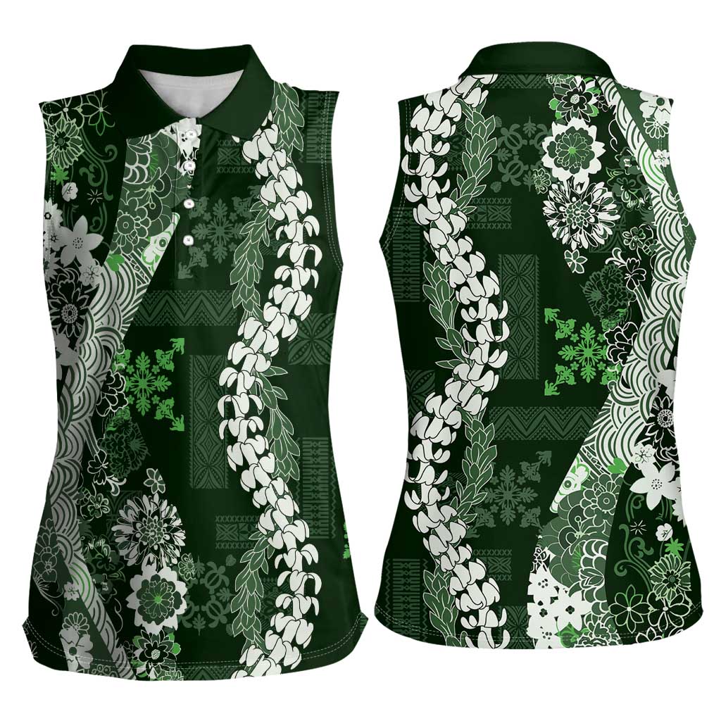 Hawaii Puakenikeni and Maile Lei Women Sleeveless Polo Shirt Green Japanese Wave Style LT9 - Polynesian Pride