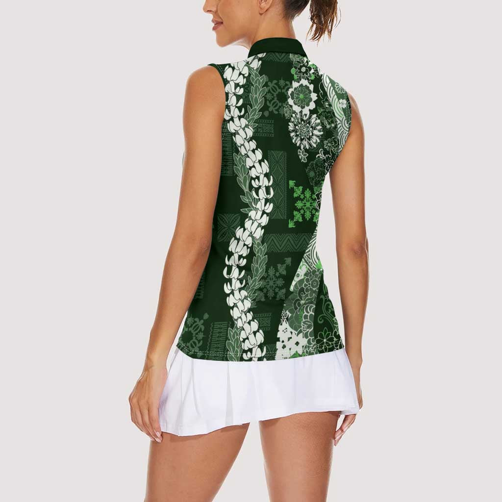Hawaii Puakenikeni and Maile Lei Women Sleeveless Polo Shirt Green Japanese Wave Style LT9 - Polynesian Pride