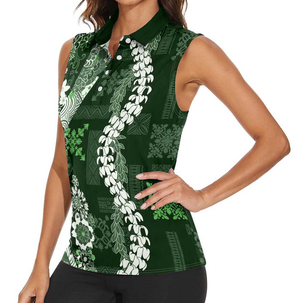Hawaii Puakenikeni and Maile Lei Women Sleeveless Polo Shirt Green Japanese Wave Style LT9 - Polynesian Pride