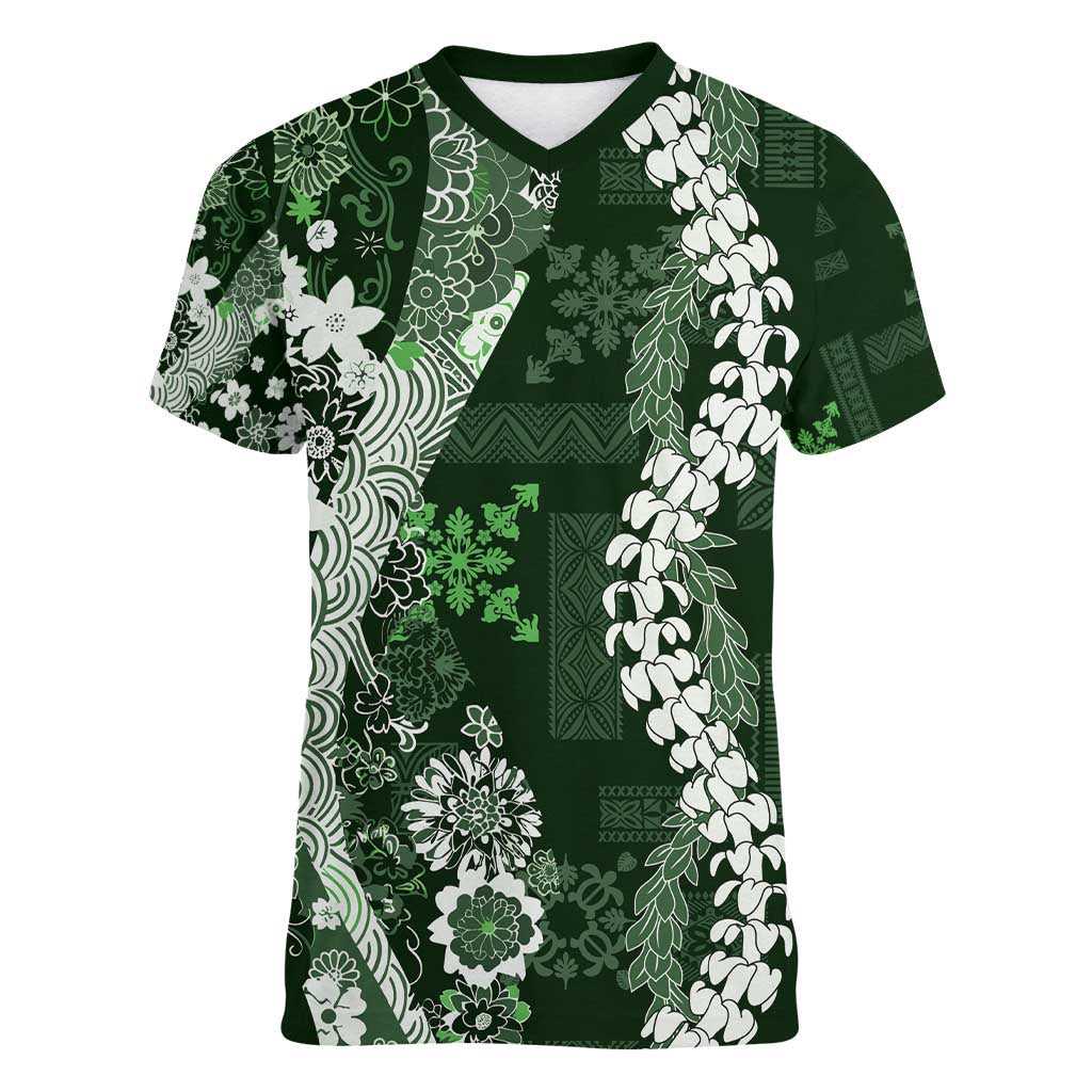 Hawaii Puakenikeni and Maile Lei Women V-Neck T-Shirt Green Japanese Wave Style LT9 Female Green - Polynesian Pride