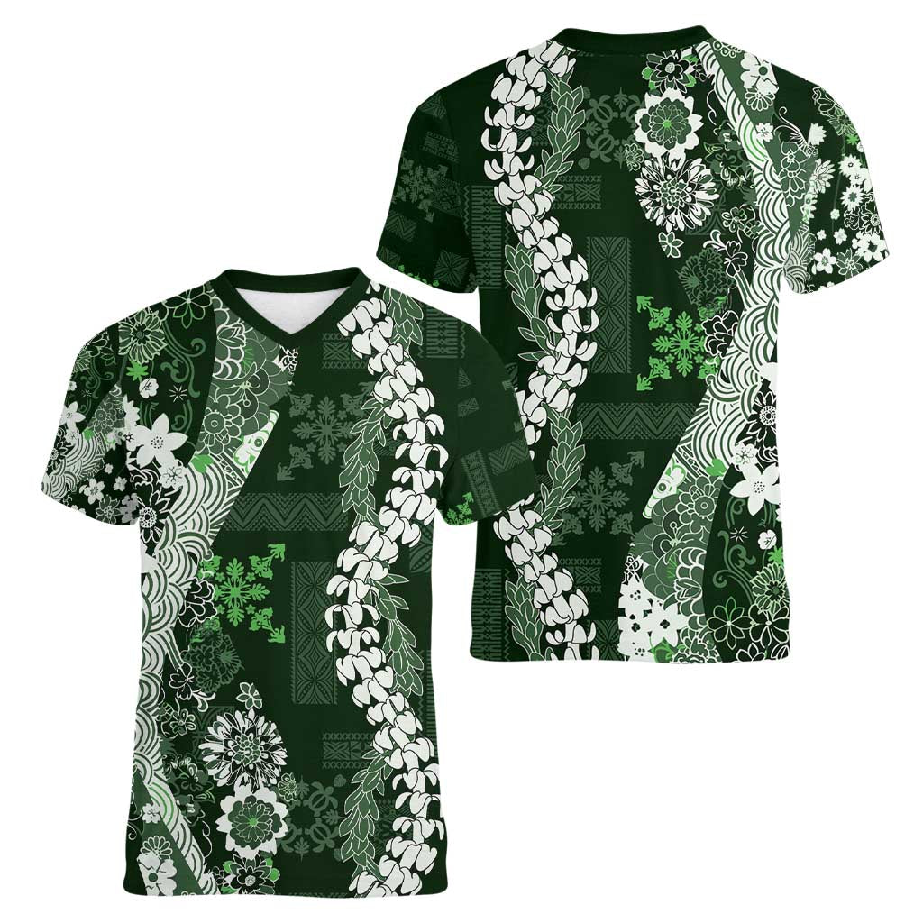 Hawaii Puakenikeni and Maile Lei Women V-Neck T-Shirt Green Japanese Wave Style LT9 - Polynesian Pride