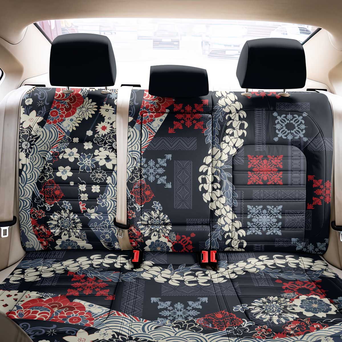 Hawaii Puakenikeni and Maile Lei Back Car Seat Cover Navy Blue Japanese Wave Style - Polynesian Pride