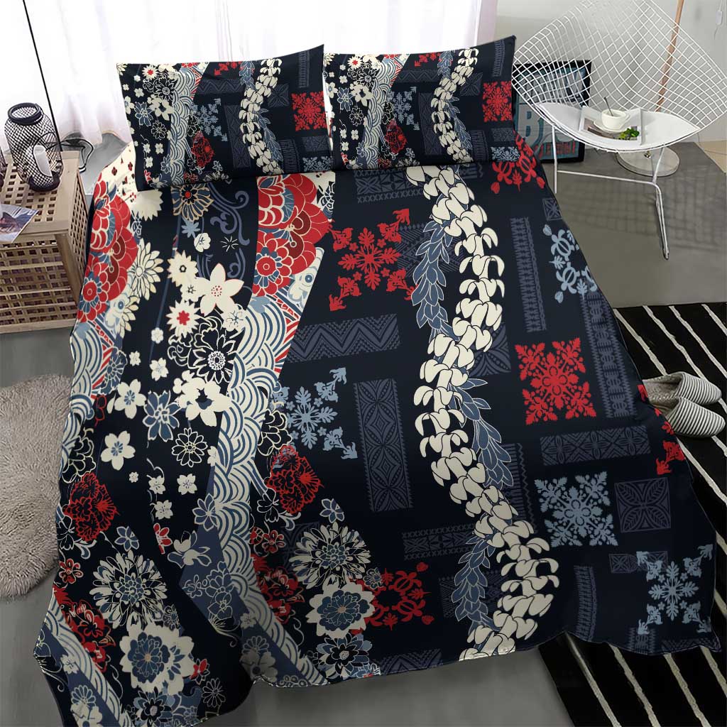 Hawaii Puakenikeni and Maile Lei Bedding Set Navy Blue Japanese Wave Style - Polynesian Pride
